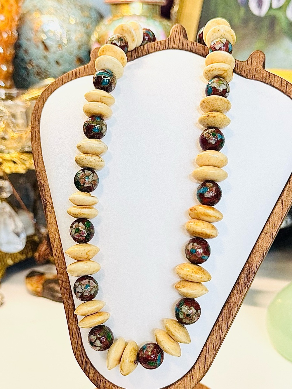 Vintage Red Cloisonné & Carved Bone Sterling Silver Necklace